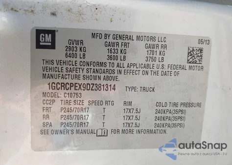 2013 Chevrolet Silverado 1500 Work Truck from USA, damaged, VIN 1GCRCPEX9DZ381314